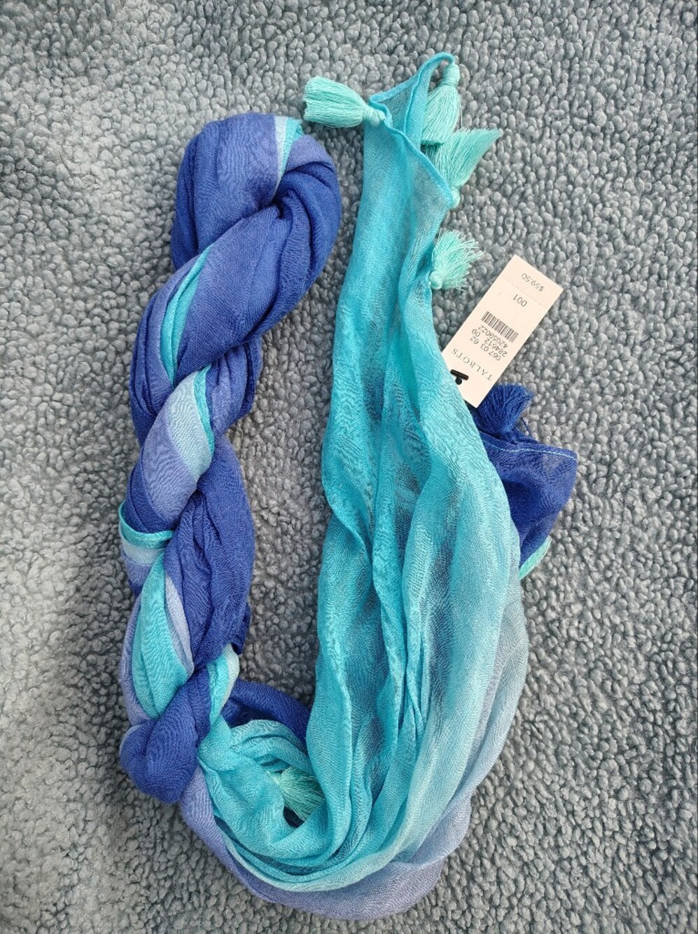 NWT Talbots Ombre Blue Linen Blend Lightweight Summer Scarf with Tassels